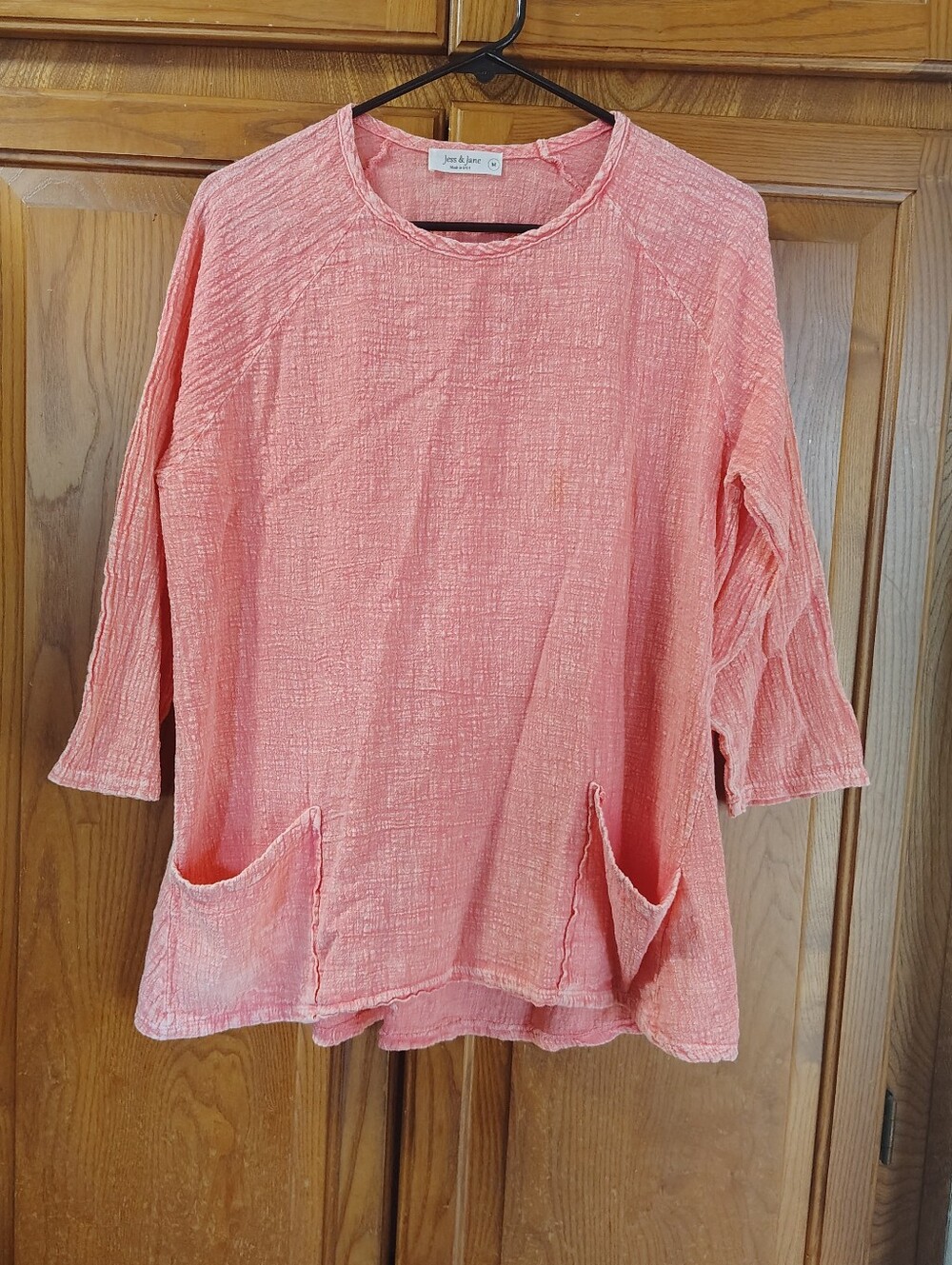 Jess & Jane M103 Mineral Wash Gauze Tunic Top Pockets Cotton Coral Sz Medium USA